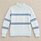 Jersey azul claro de punto extendido, con cuello alto, copos de nieve y franjas geométricas azules.