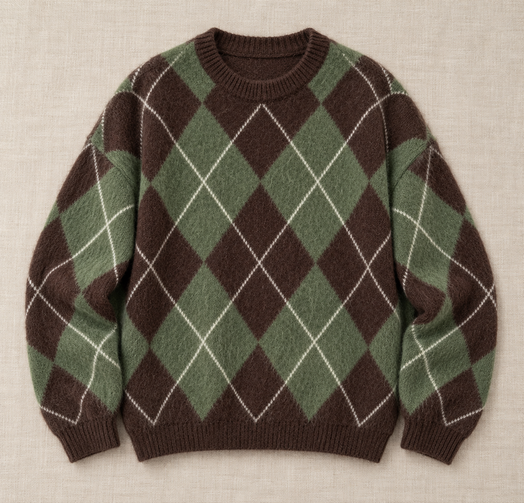 Jersey verde y marrón con estampado de rombos y cuello redondo, vista frontal