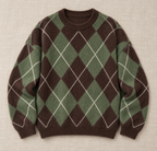 Jersey verde y marrón con estampado de rombos y cuello redondo, vista frontal