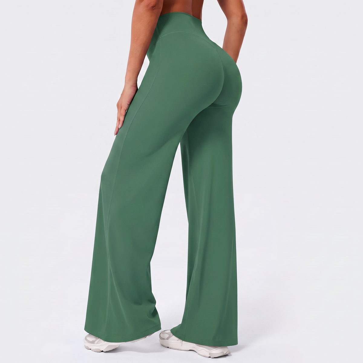 Leggings de pierna recta con cintura alta verde, tejido liso