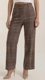 Dames geruite pantalon met hoge taille, wijde pijpen, zichtbare naden en plooien