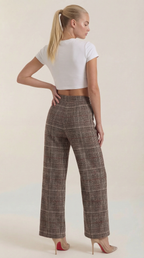 Dames pantalon met hoge taille, bruin geruit, achteraanzicht met coupenaden