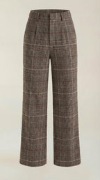 Dames geruite pantalon met hoge taille, wijde pijpen, achterband en platte tailleboord