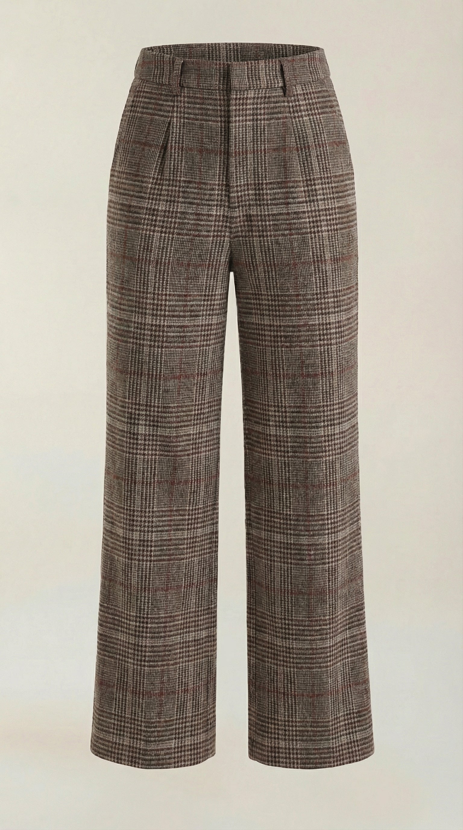 Dames geruite pantalon met hoge taille, wijde pijpen, achterband en platte tailleboord