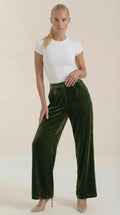 Groene fluwelen wijde broek met hoge taille en rechte pijpen, dames