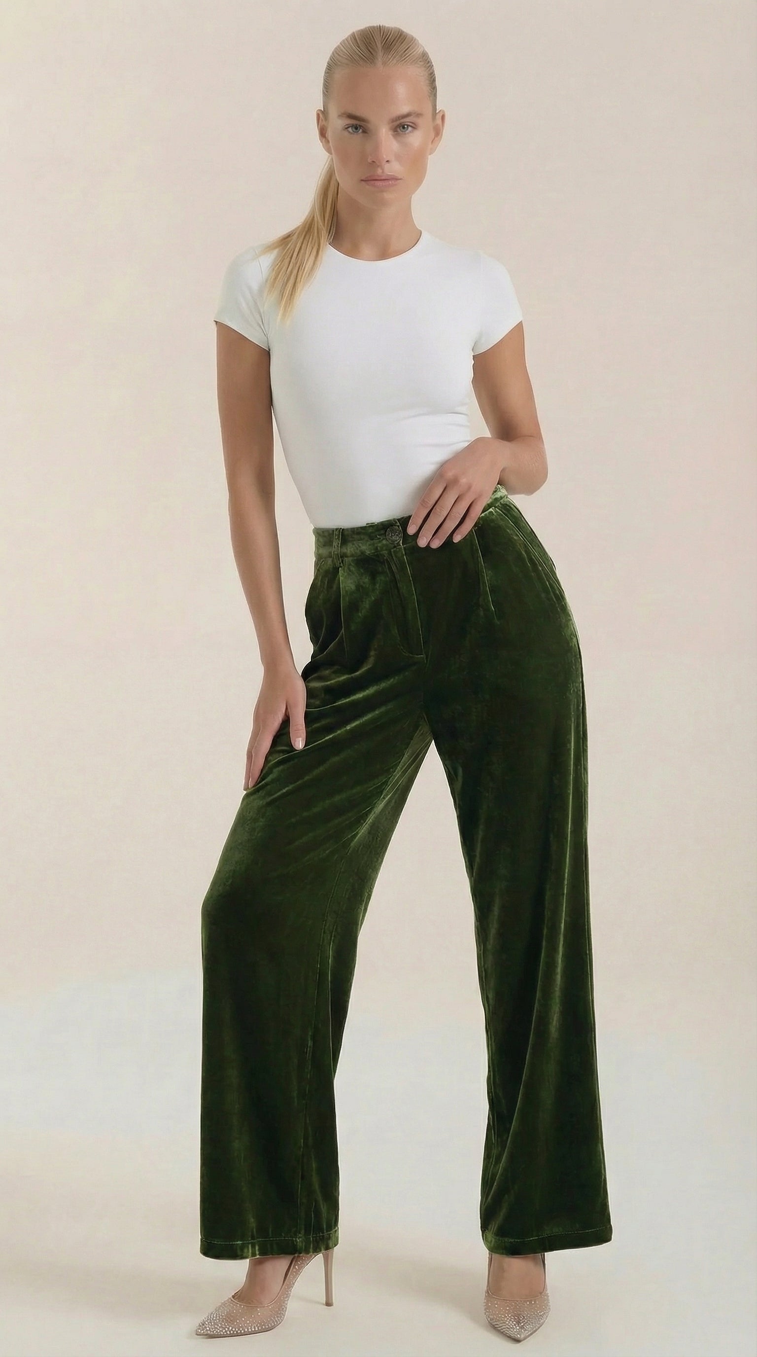 Groene fluwelen wijde broek met hoge taille en rechte pijpen, dames
