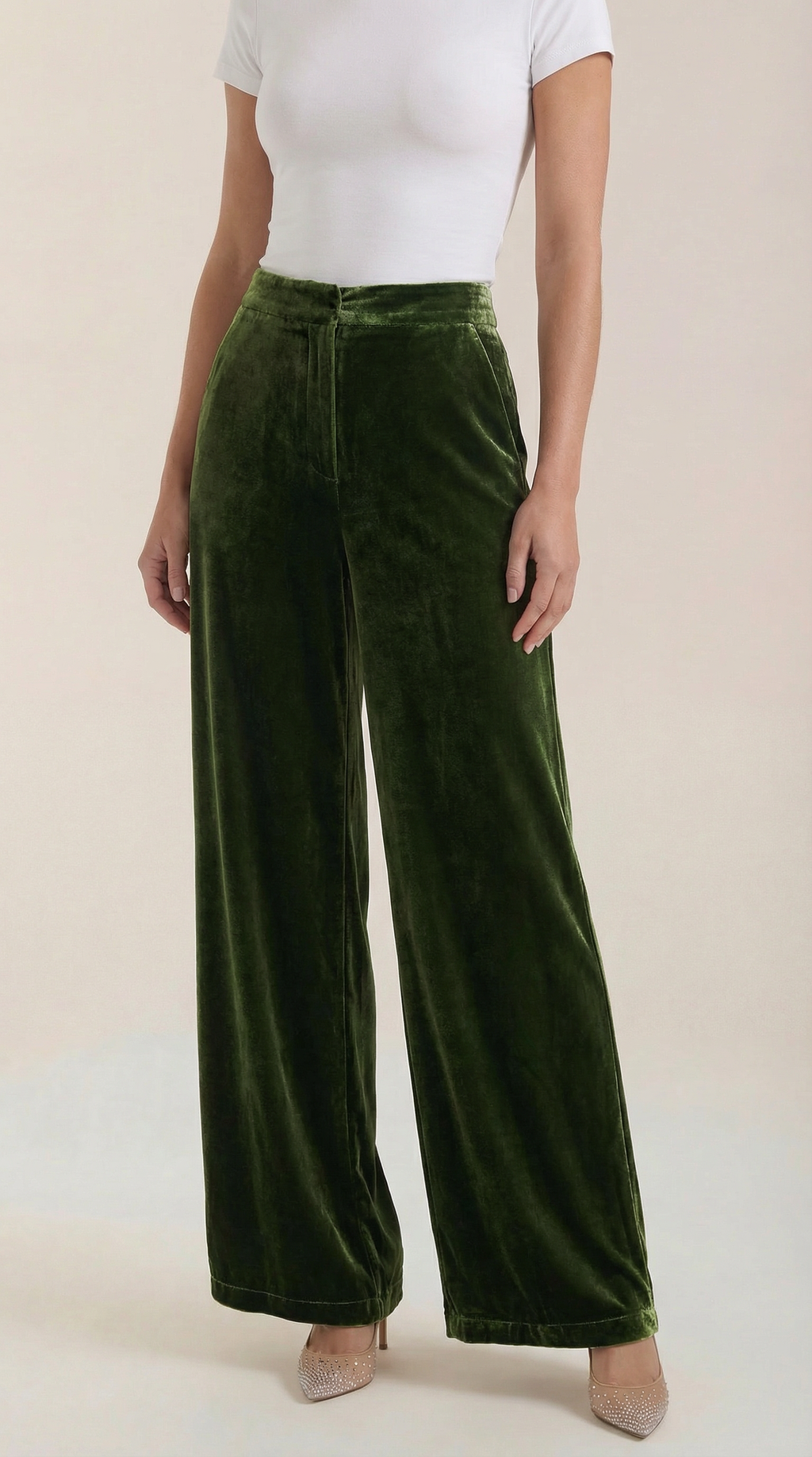 Groene fluwelen wijde broek, hoge taille, recht vallende pijpen, dames