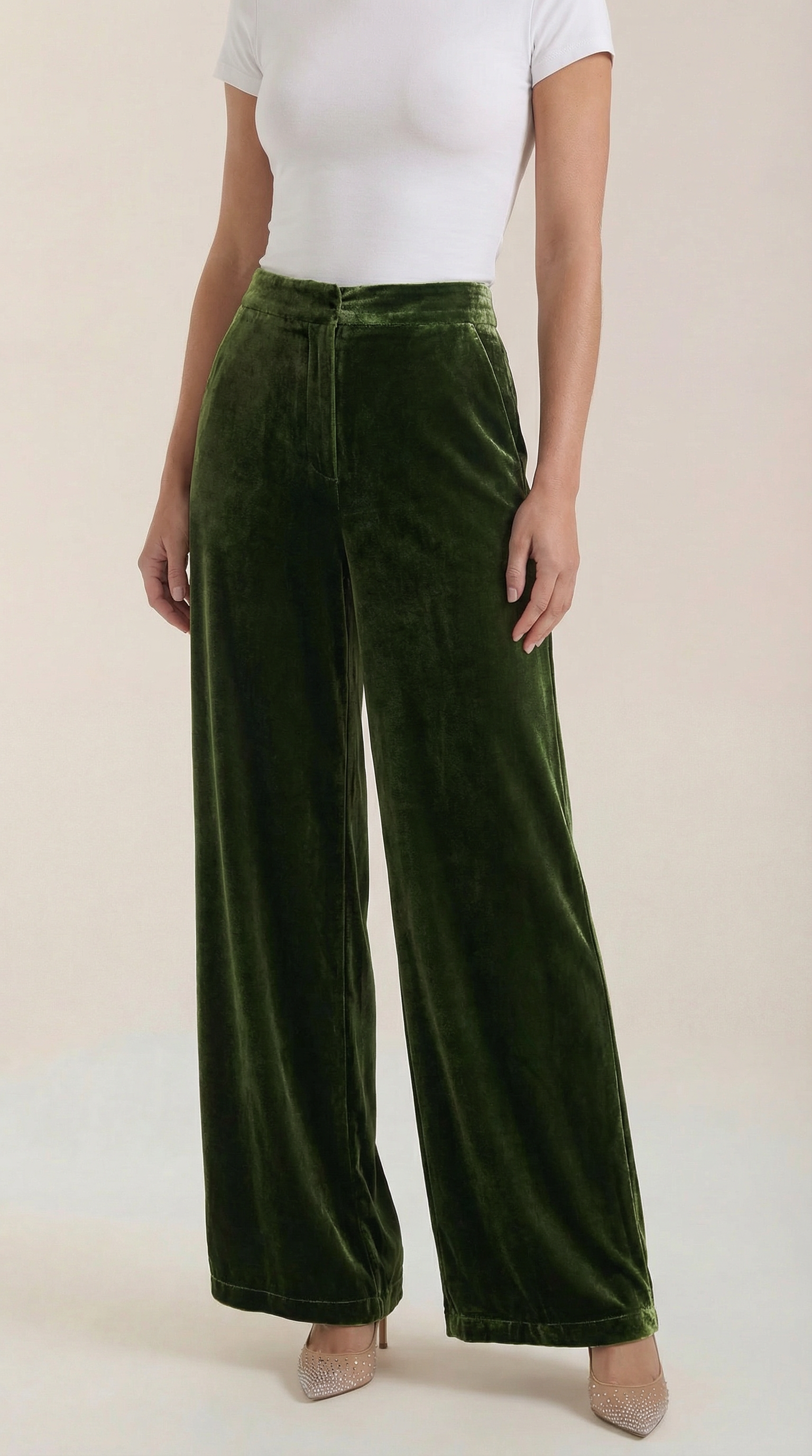 Groene fluwelen wijde broek, hoge taille, recht vallende pijpen, dames