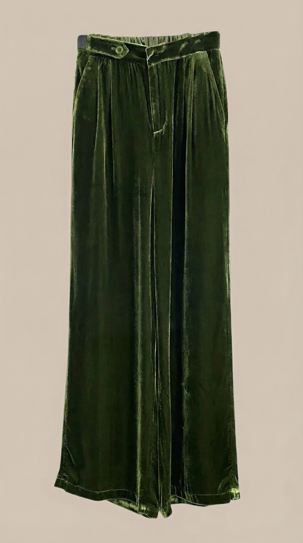 Groene fluwelen wijde broek met tailleband, knoopsluiting en plooien