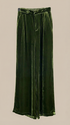 Groene fluwelen wijde broek met tailleband, knoopsluiting en plooien