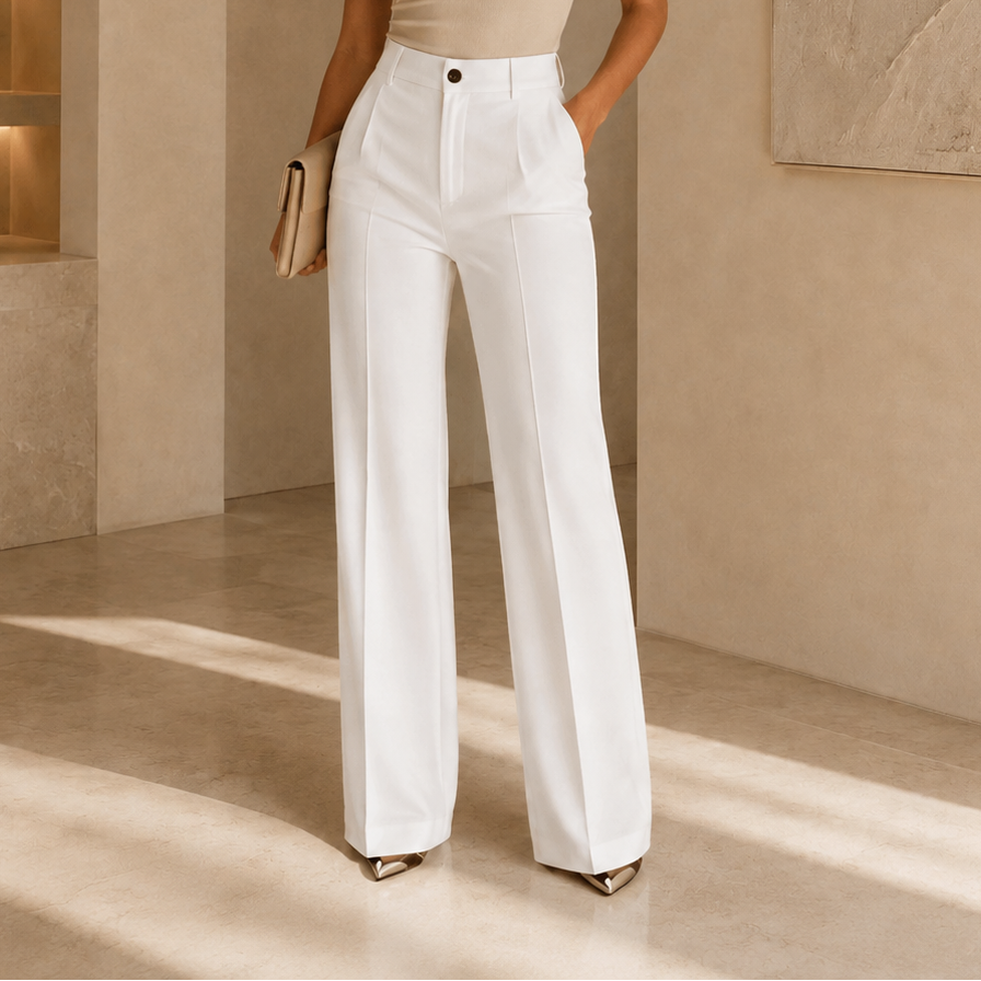 Pantalón ancho blanco de tiro alto, con pinzas frontales y bolsillos laterales.