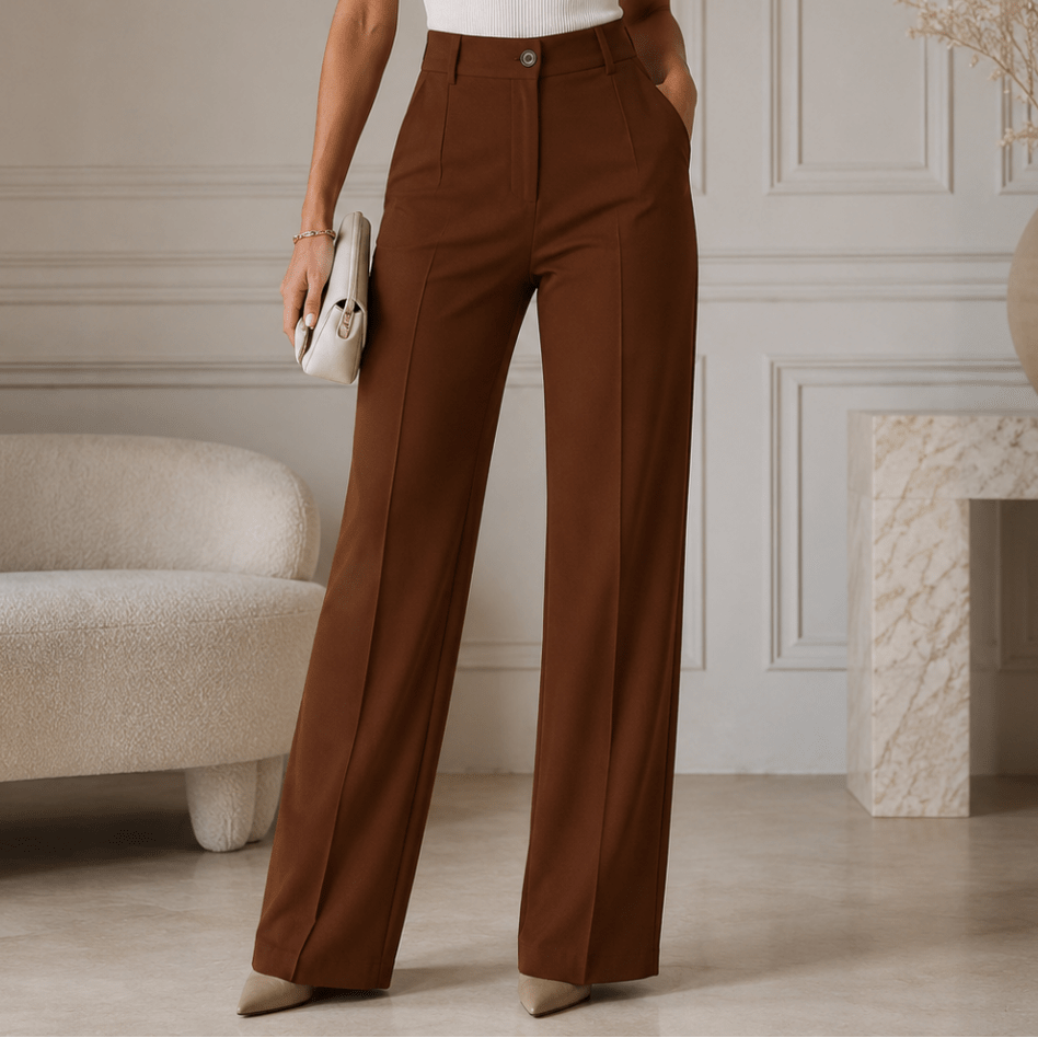 Pantalón ancho marrón de tiro alto, con pinzas frontales y bolsillos laterales.