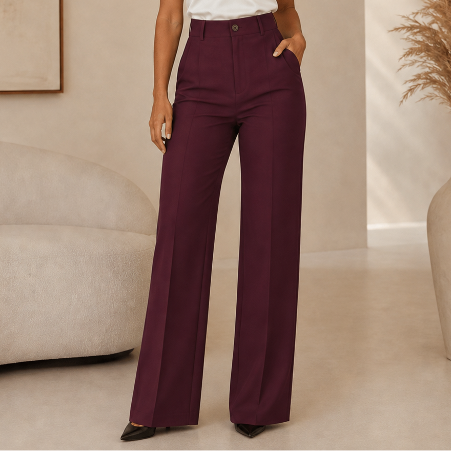 Pantalón ancho burdeos de tiro alto, con pinzas frontales y bolsillos laterales.