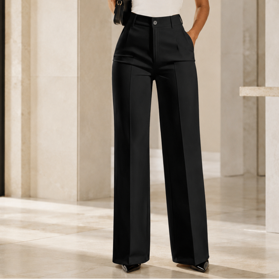 Pantalón ancho negro de tiro alto, con pinzas frontales y bolsillos laterales.