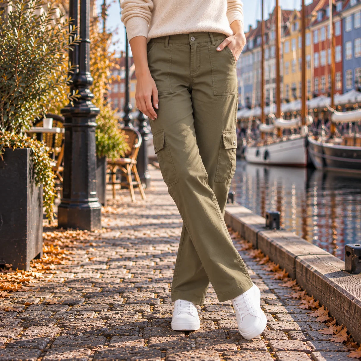 Pantalón Cargo de Mezclilla con Múltiples Bolsillos y Cintura Alta 1