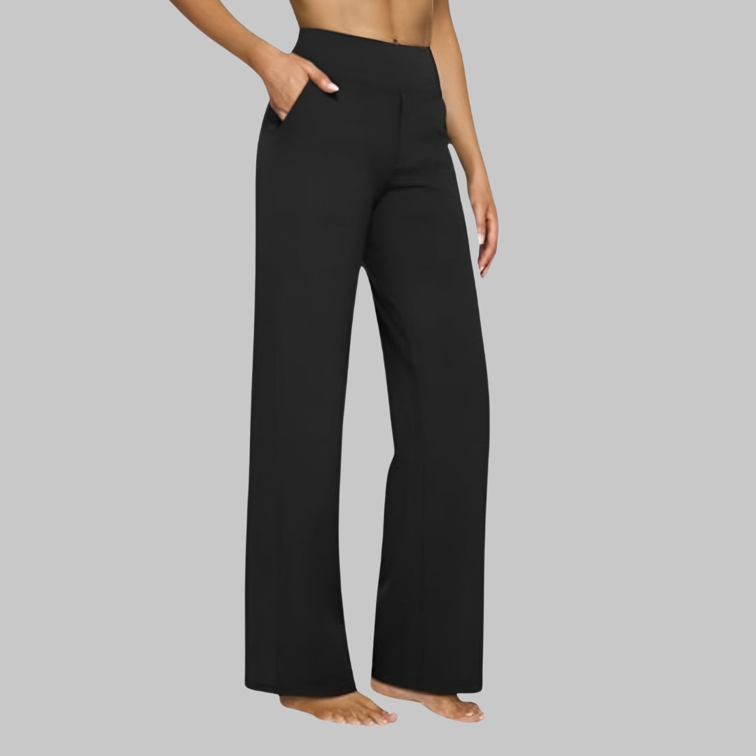 Pantalón elástico de tela ligera color negro, pierna recta y tiro alto