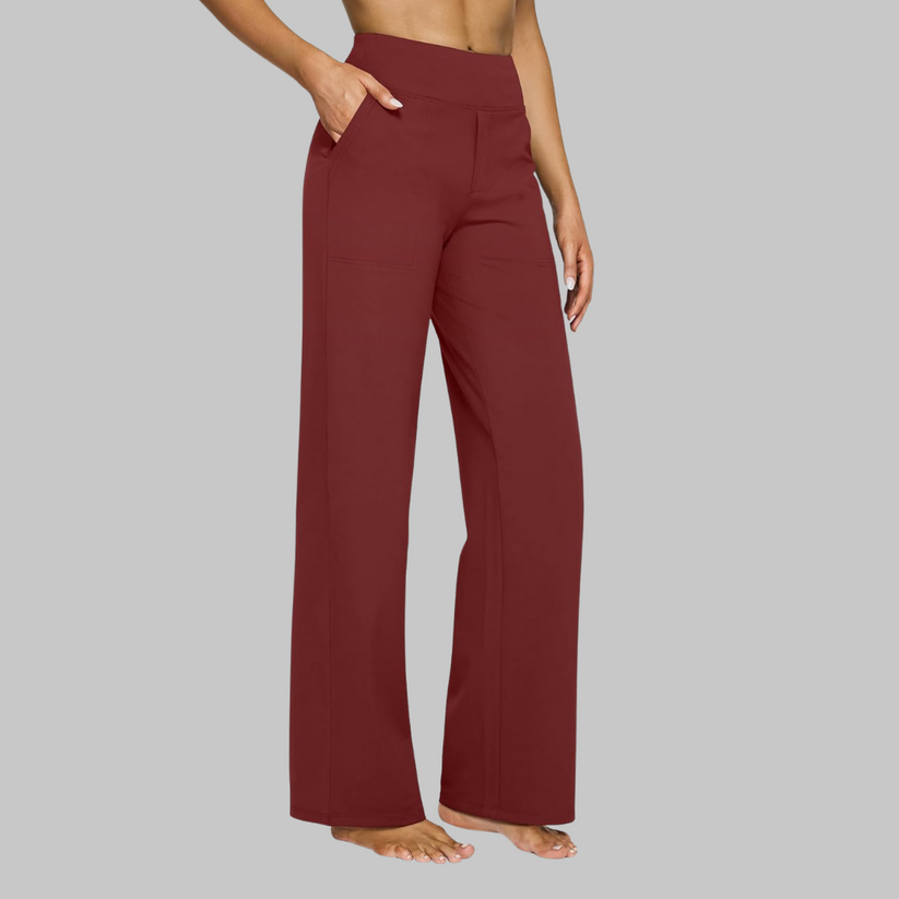 Pantalón elástico de tela ligera color rojo, pierna recta y tiro alto