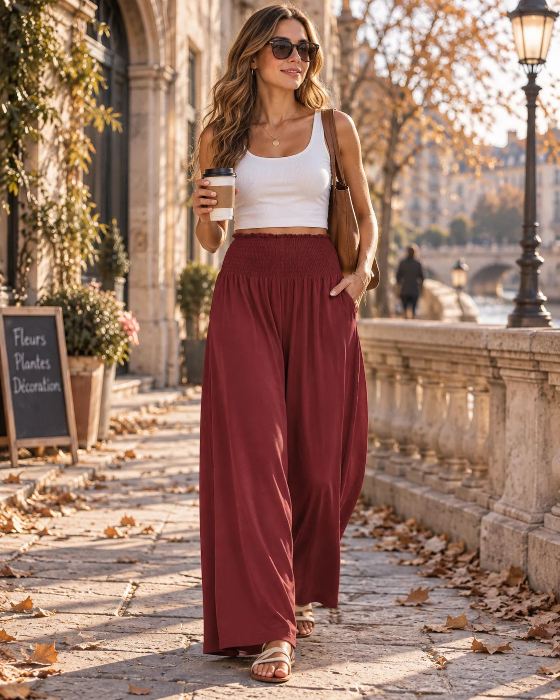 Pantalón Palazzo de Cintura Alta Fruncida con Bolsillos 5