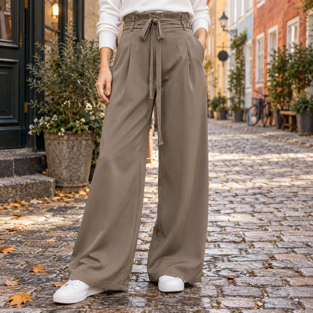Pantalón de Pierna Ancha con Cintura Alta y Cordón Ajustable 0