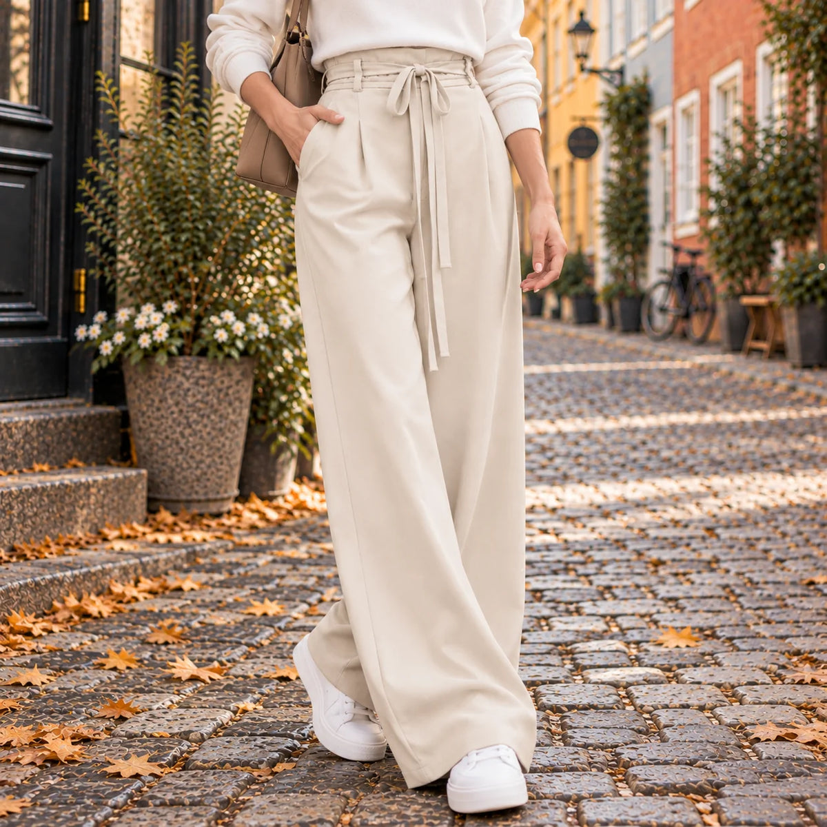Pantalón de Pierna Ancha con Cintura Alta y Cordón Ajustable 2