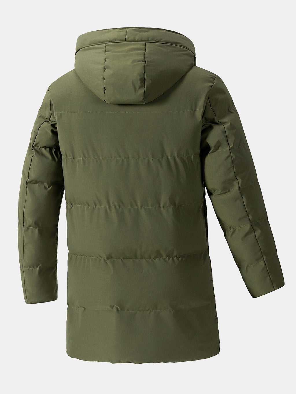 Parka acolchada larga verde oliva con capucha, vista trasera y mangas largas