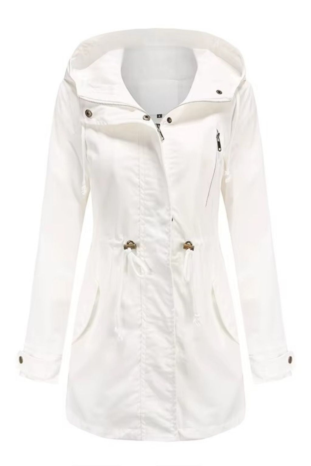Parka larga blanca con capucha, cierre frontal y botones dorados decorativos