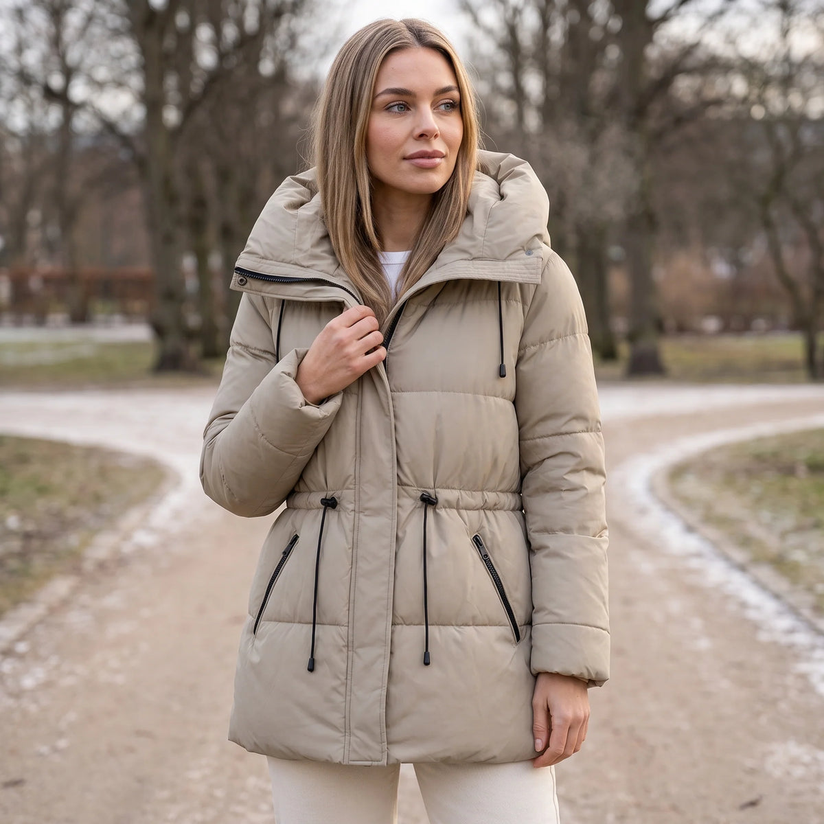 Parka Larga de Mujer con Capucha y Cintura Ajustable 1
