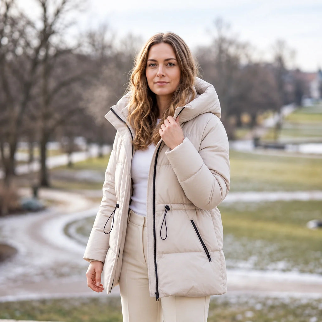 Parka larga acolchada beige claro con capucha y cintura ajustable, cierre frontal