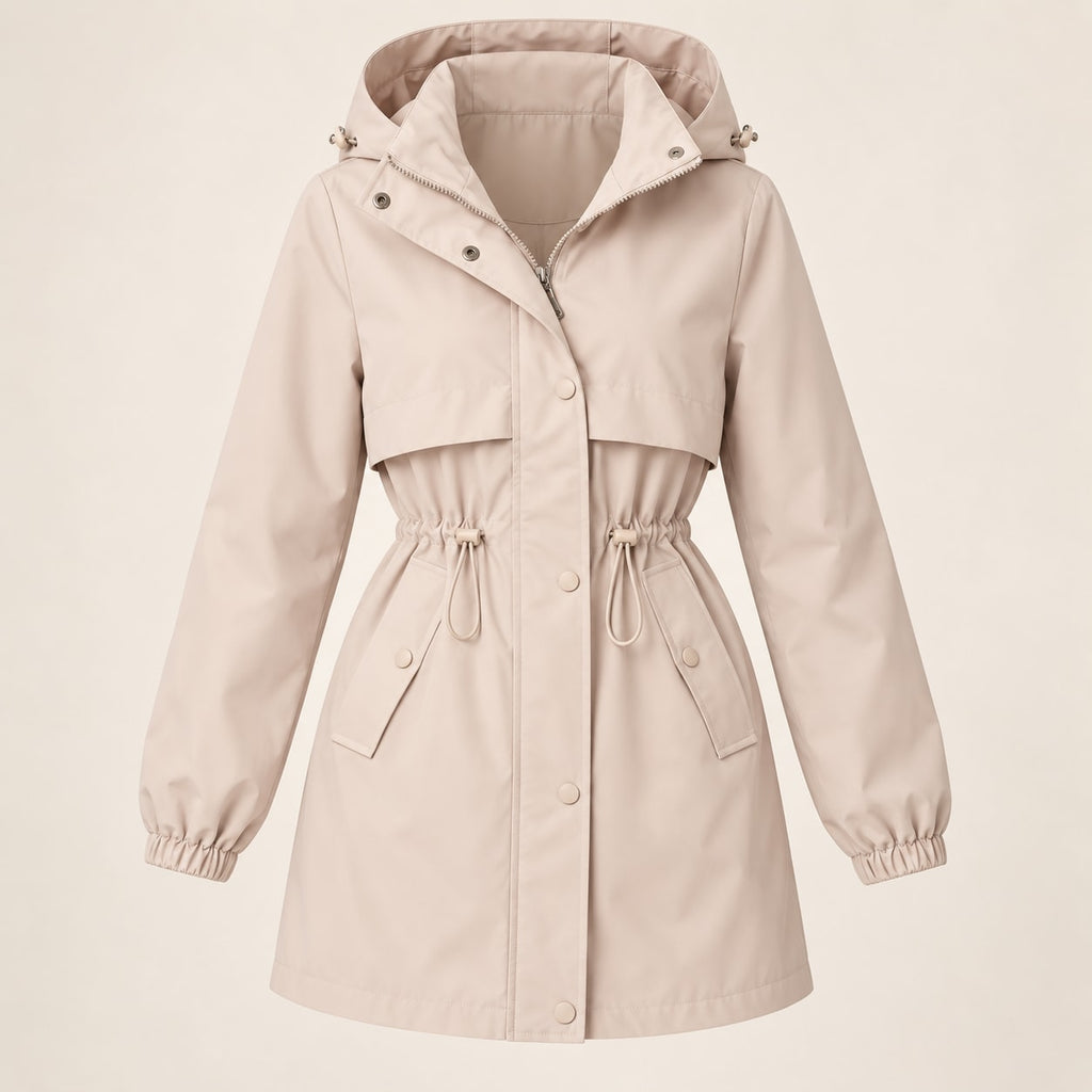 Parka beige con capucha, pechera con botones y puños elásticos, diseño entallado.