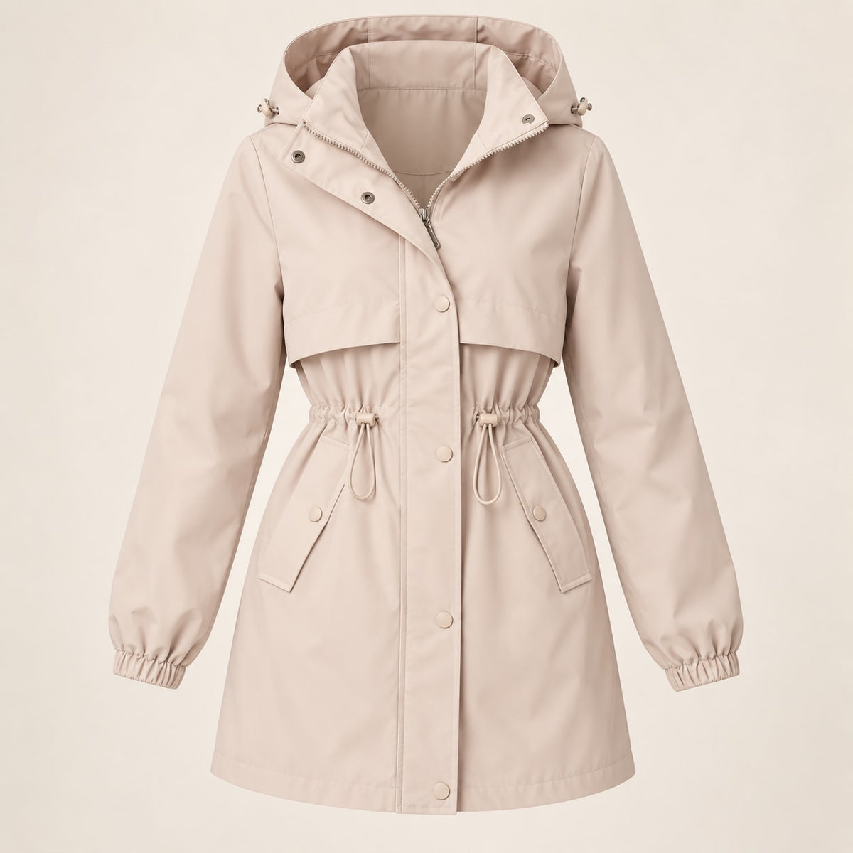 Parka beige con capucha, pechera con botones y puños elásticos, diseño entallado.