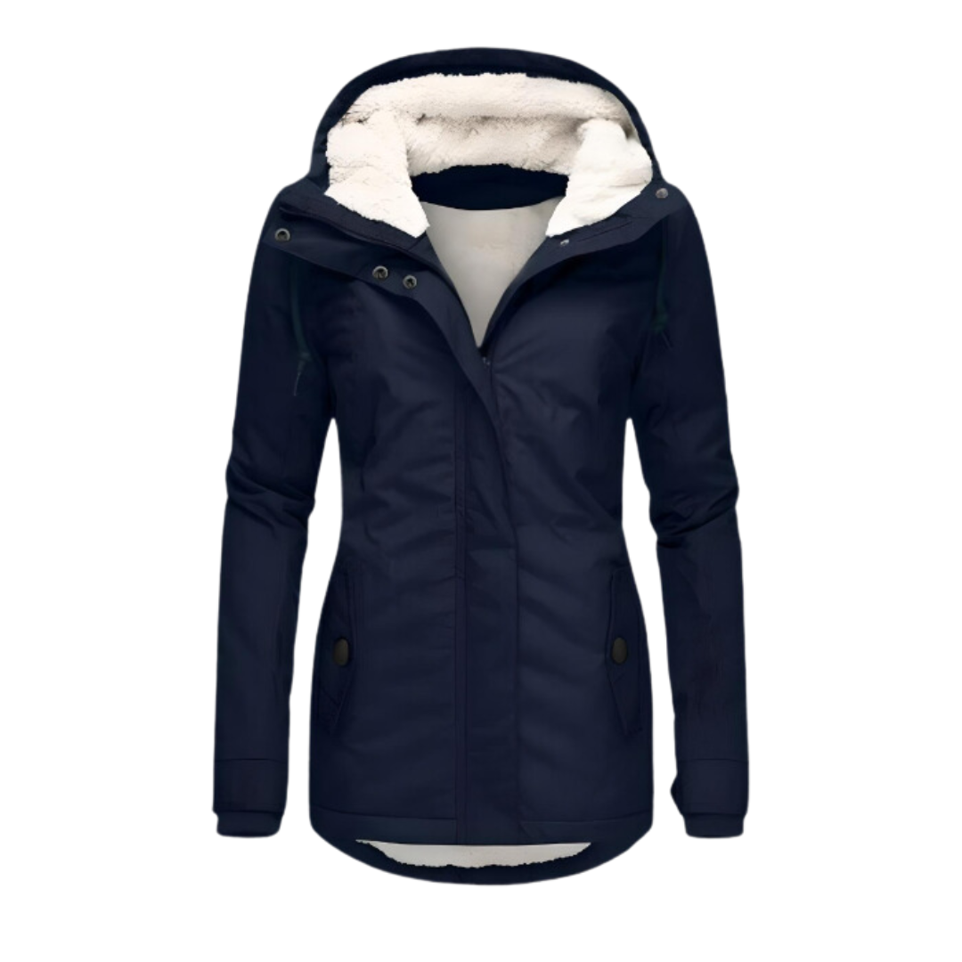 Parka azul marino con forro sherpa y capucha ajustable, cierre frontal y bolsillos.