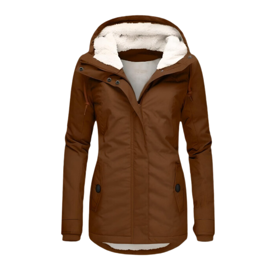 Parka marrón con forro sherpa y capucha ajustable, cierre frontal y bolsillos.