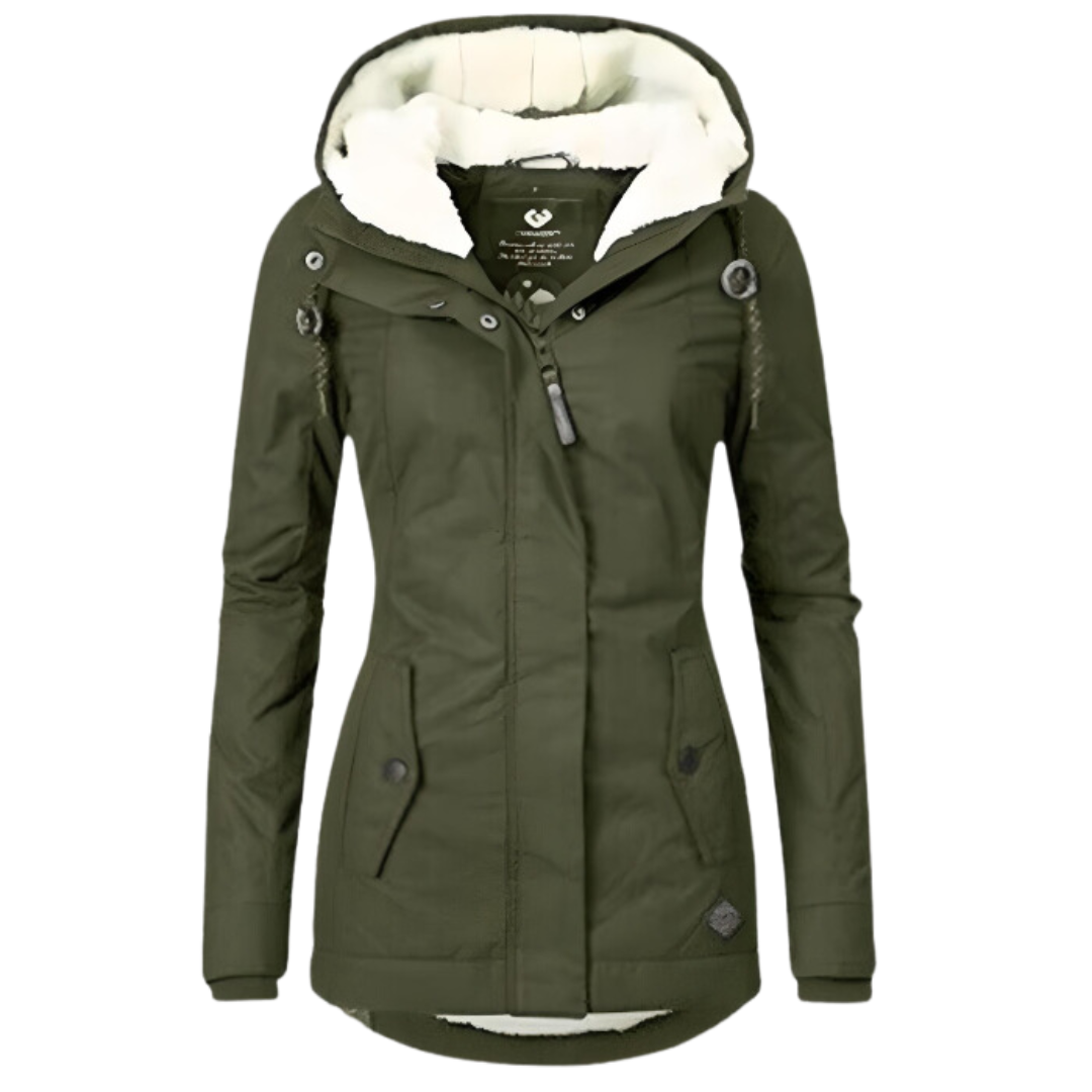 Parka verde militar con forro sherpa y capucha ajustable, cierre frontal y bolsillos.