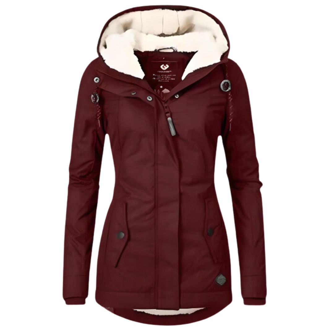 Parka burdeos con forro sherpa y capucha ajustable, cierre frontal y bolsillos.