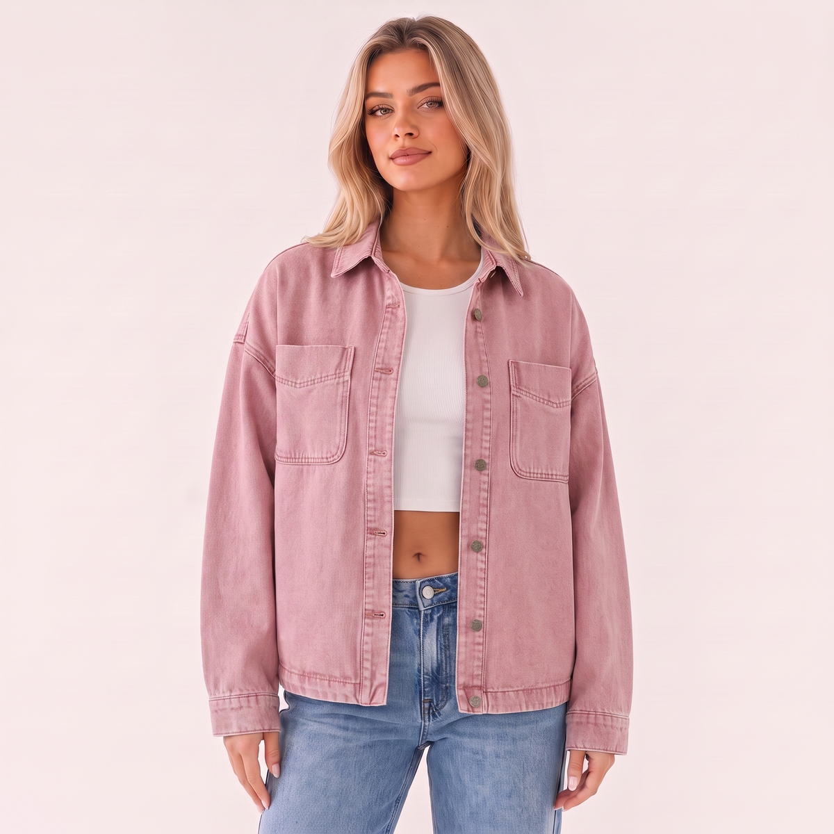 Sobrecamisa vaquera oversize rosa con bolsillos y botones frontales