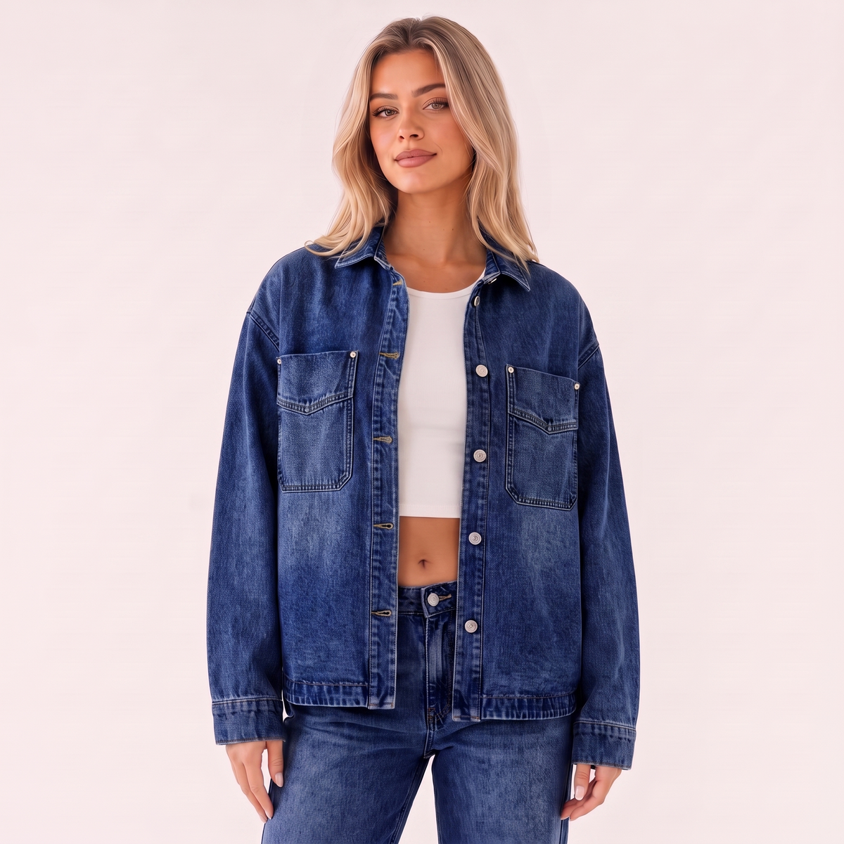 Sobrecamisa vaquera oversize azul oscuro con bolsillos delanteros y botones a presión