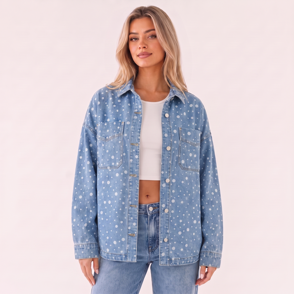 Sobrecamisa vaquera oversize azul con estampado de lunares y bolsillos delanteros