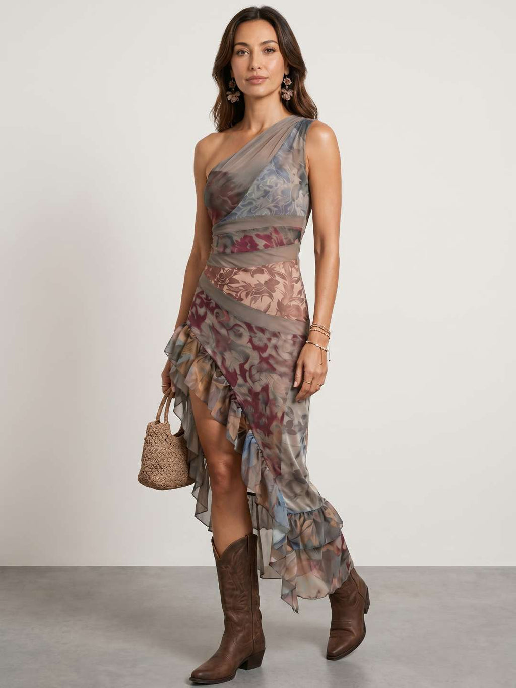 Vestido Asimétrico de Tul Estampado con Volantes y Abertura Lateral 0
