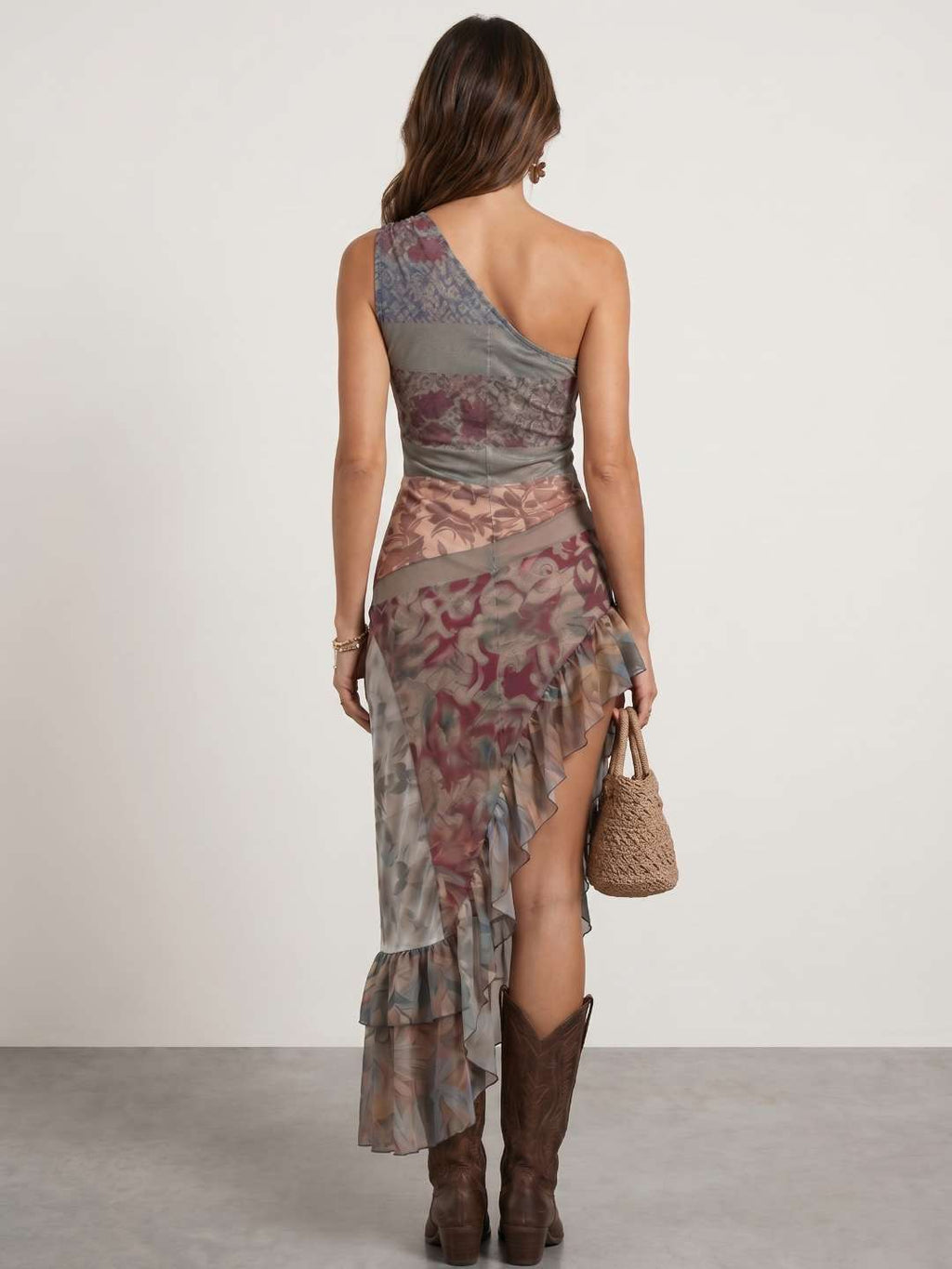 Vestido Asimétrico de Tul Estampado con Volantes y Abertura Lateral 3
