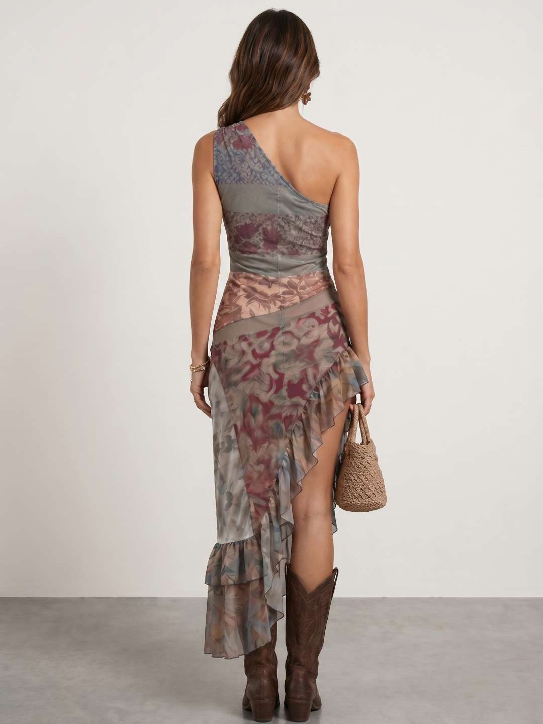Vestido Asimétrico de Tul Estampado con Volantes y Abertura Lateral 3
