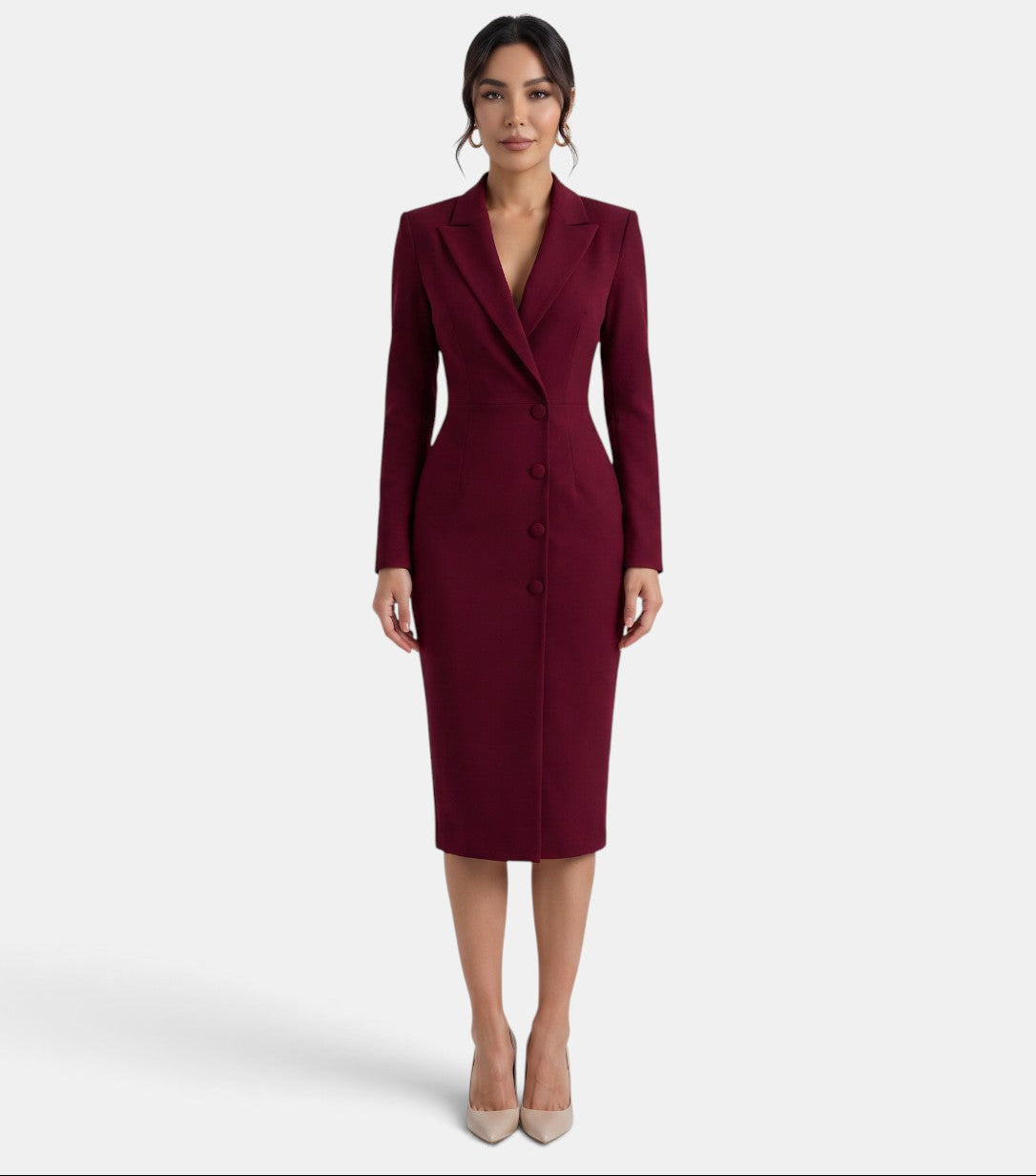 Vestido blazer midi burdeos con solapas y cierre de botones