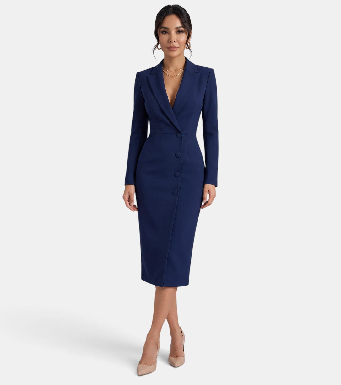 Vestido blazer midi azul marino con solapas y botones delanteros