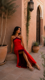 Vestido largo rojo halter con diseño cruzado y abertura lateral, con caída trasera.