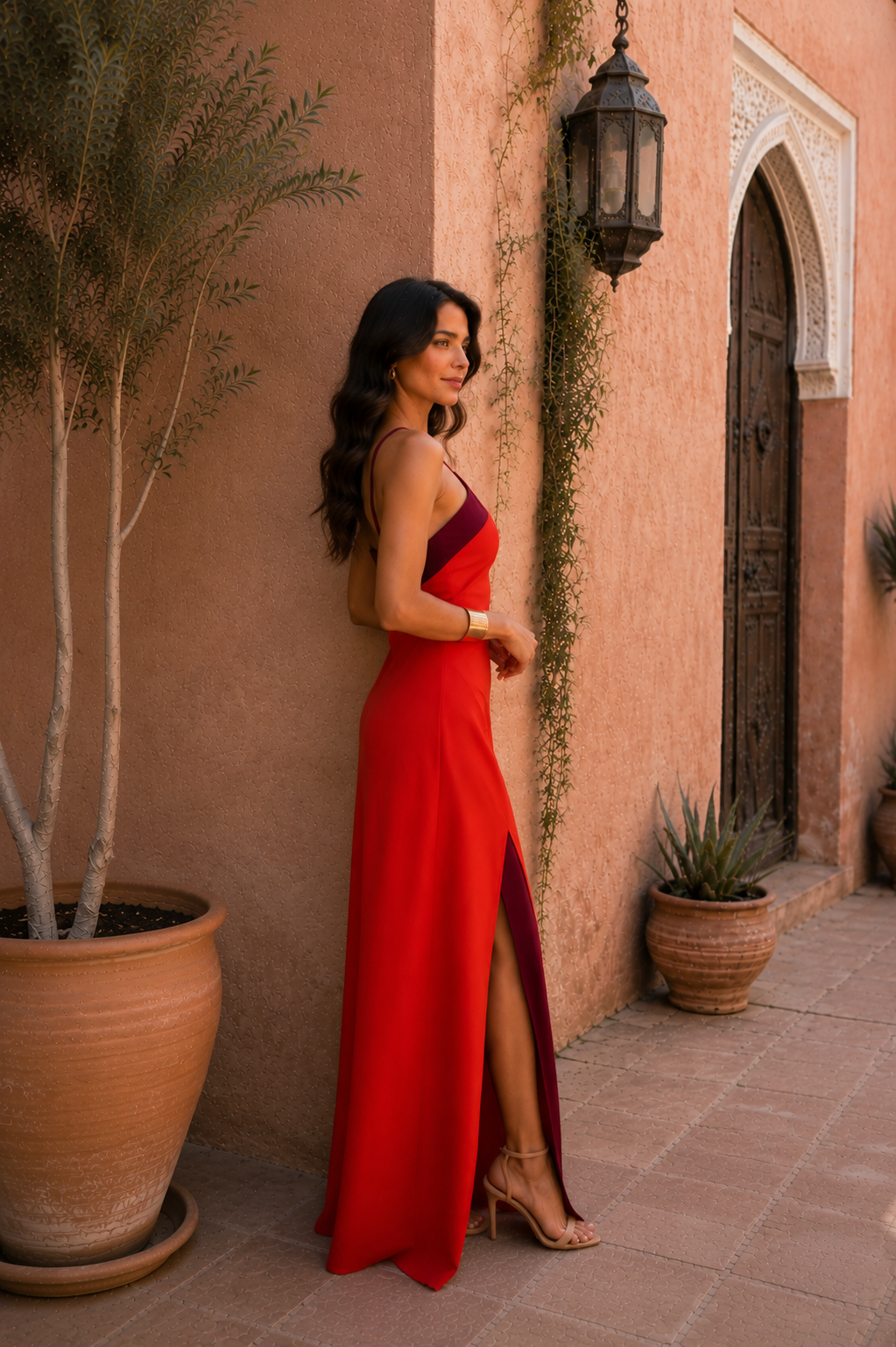 Vestido largo rojo halter con diseño cruzado y abertura lateral, vista 3/4.