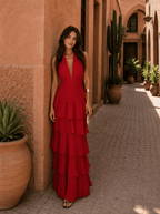 Vestido Largo Halter con Falda de Volantes Escalonados 0