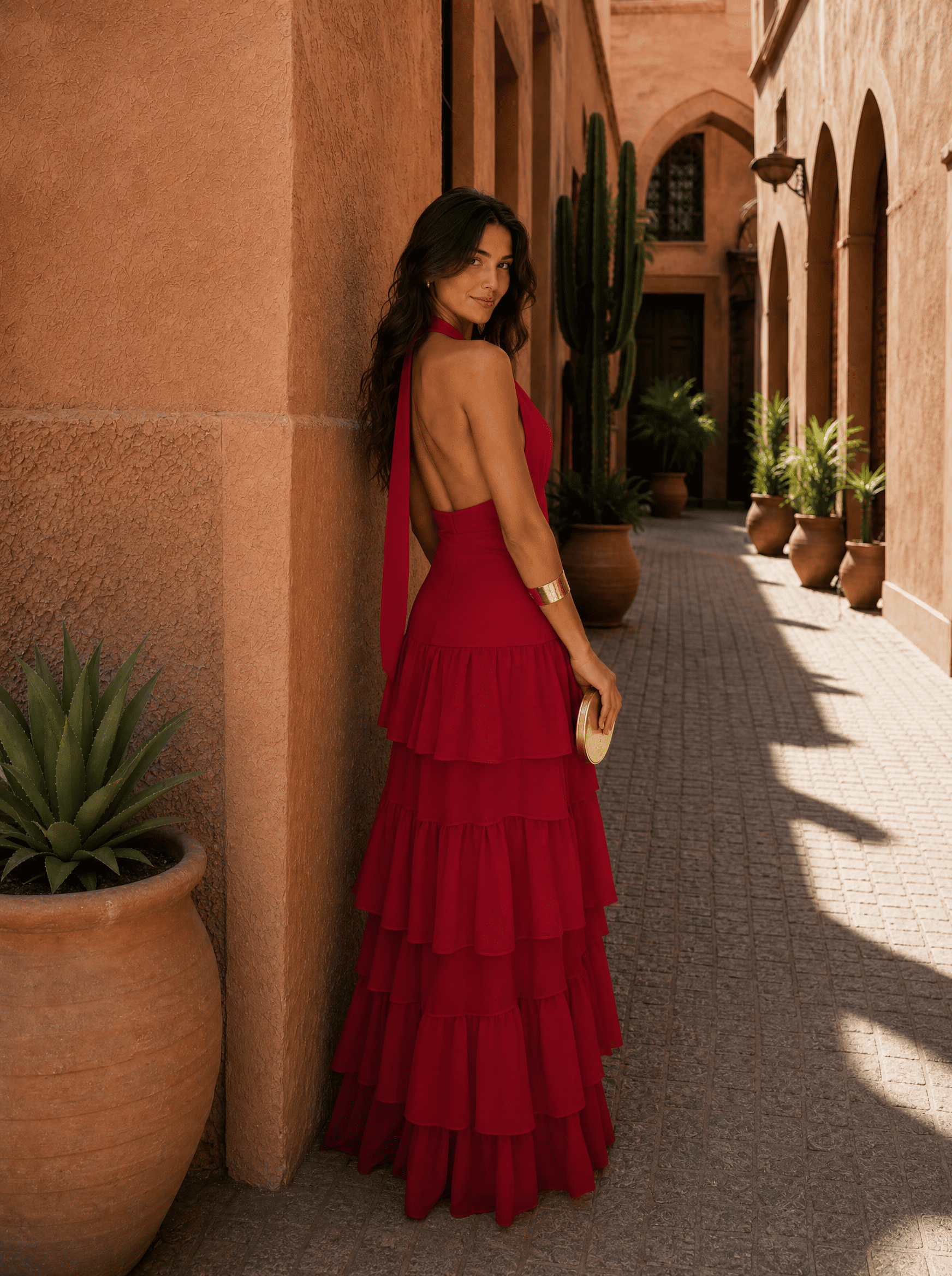 Vestido Largo Halter con Falda de Volantes Escalonados 2