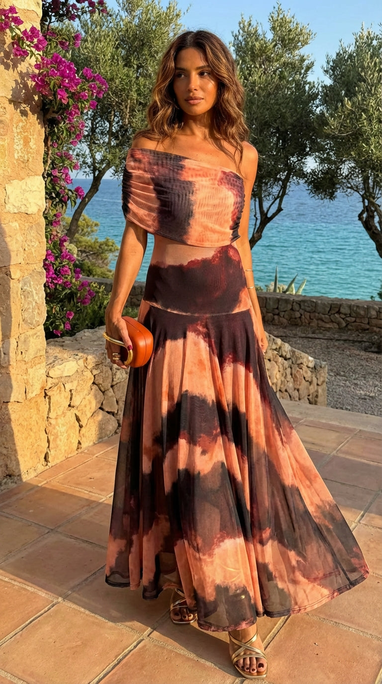 Vestido Largo con Estampado Naranja y Marrón y Hombros Descubiertos 2