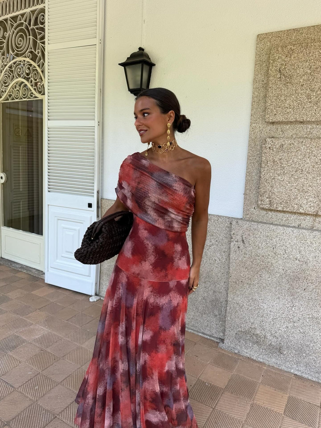 Vestido Largo con Hombro Caído y Estampado Acuarela 0