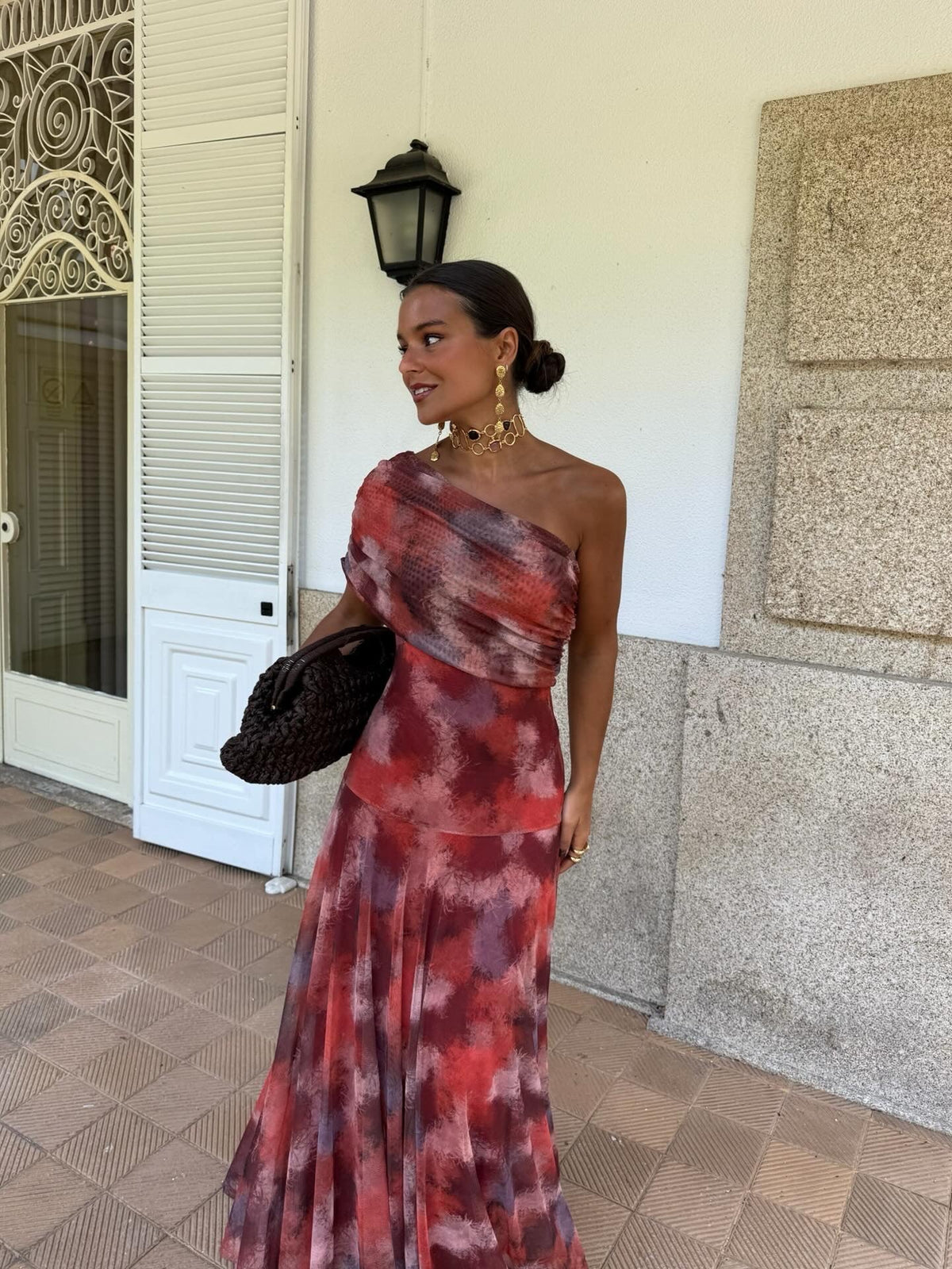Vestido Largo con Hombro Caído y Estampado Acuarela 0