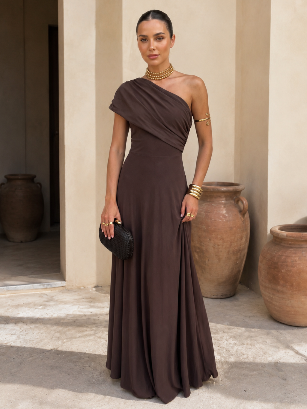 Vestido Largo de Tul Marrón Entallado 1